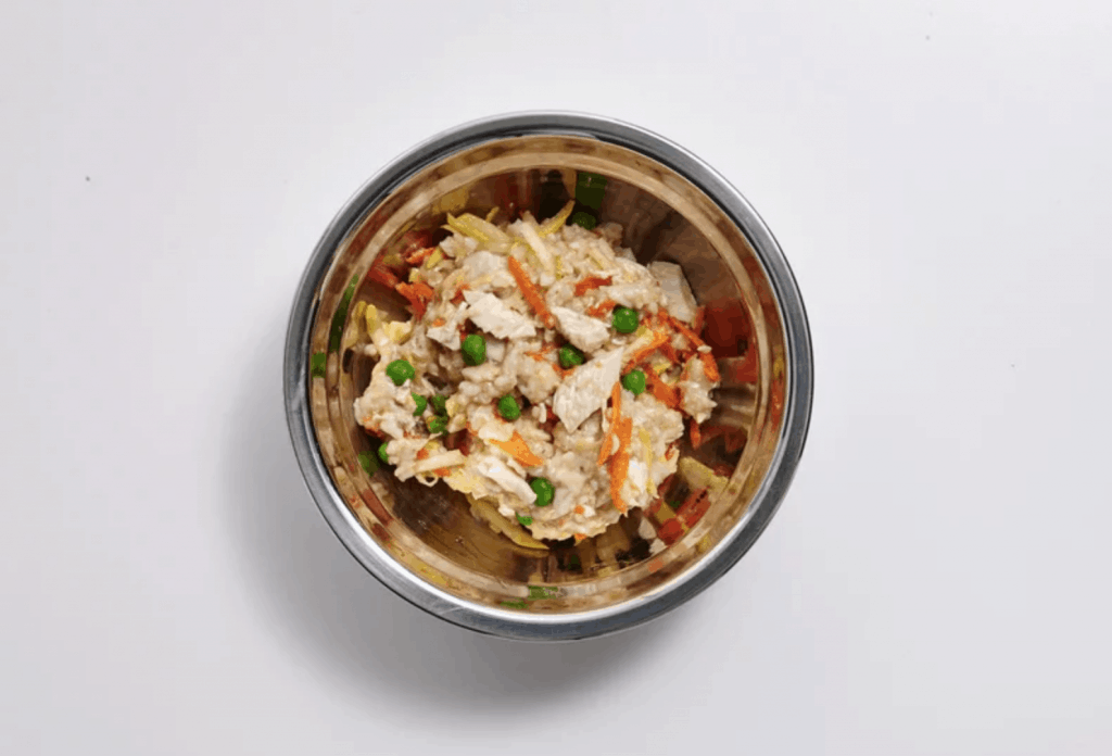 Vista superior del plato para perros con pollo, avena y verduras